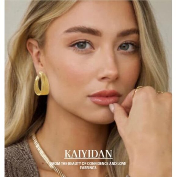 Women's 14K Gold Plated Chunky Dangle Hoop Earring Statement Thick Gold Brushed - Picture 5 of 9